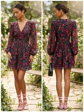 NWT Aqua M Whimsigoth Coquette Romantic Peasant Boho Metallic Floral Mini Dress